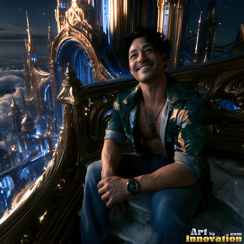 A smiling dark-haired man in an open teal patterned shirt and a wristwatch, seated on a gilded balcony above a glowing golden city at night