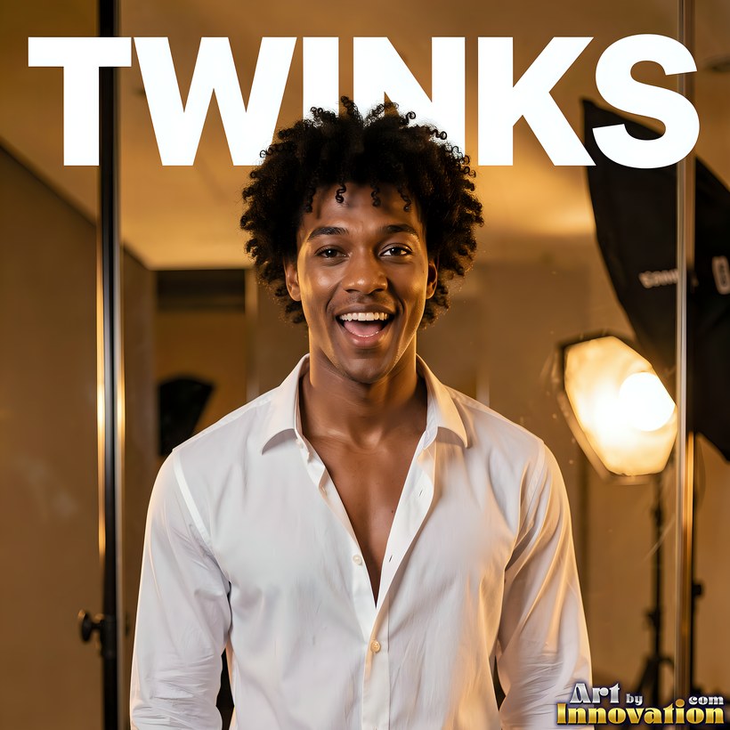 A smiling young man with curly dark hair in an open white shirt, standing in a photo studio with softbox lights under a TWINKS magazine masthead
