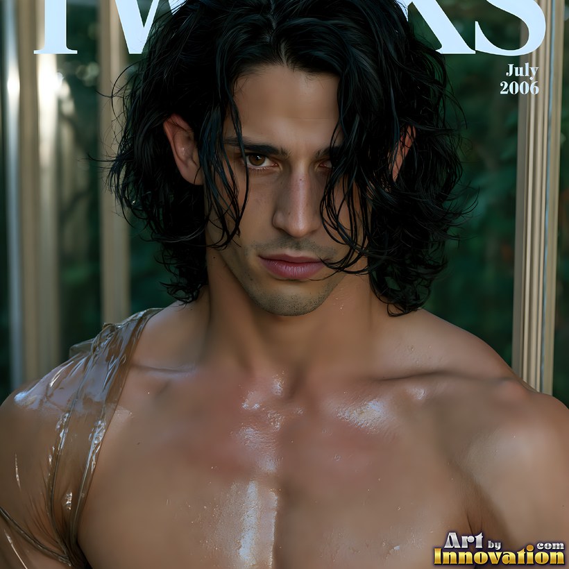 A young man with long wet black hair and bare, glistening shoulders gazing into the camera under a TWINKS magazine masthead
