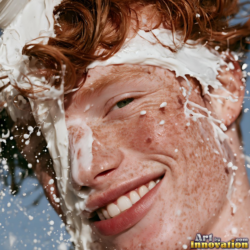 A laughing freckled man with red hair as a splash of white cream hits the side of his face