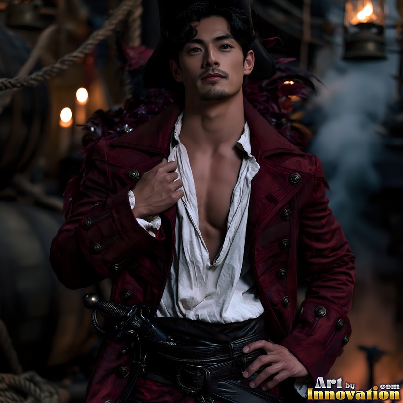 A dark-haired man in a pirate captain's crimson coat over an open white shirt, sword at his hip, lanterns and rope behind him