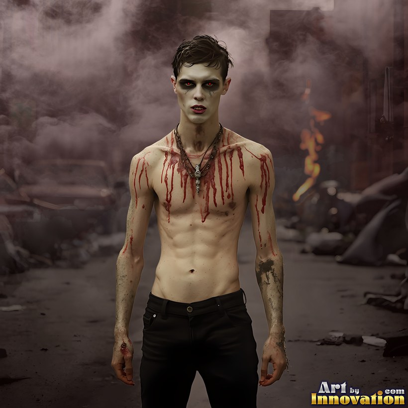 A slim young male zombie with pale skin and blood streaked down his chest, standing in a smoke-filled ruined street