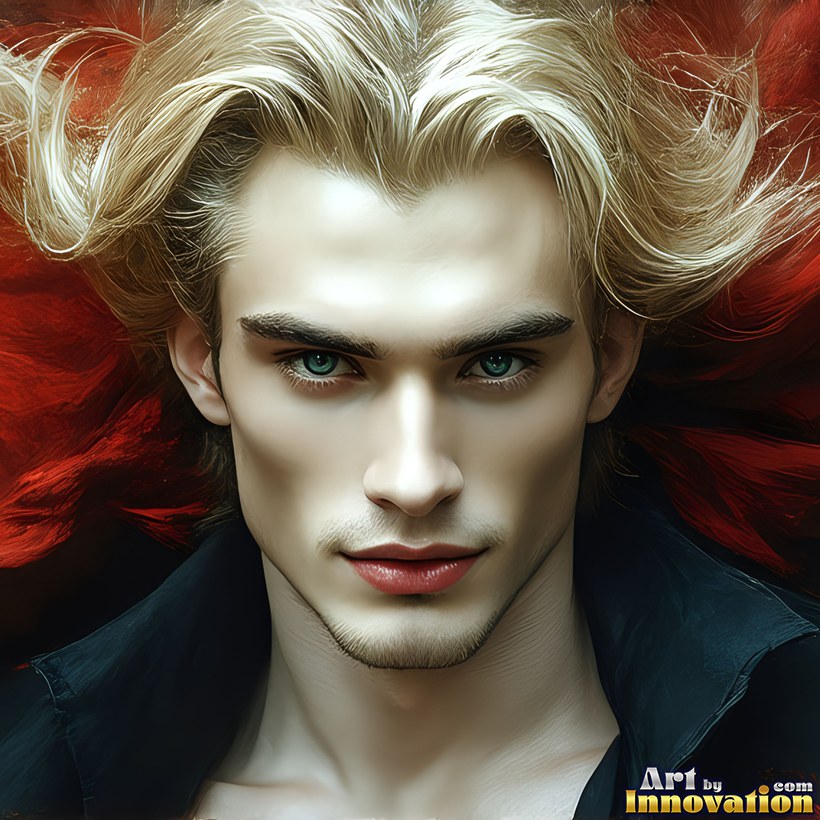 A blond vampire with pale skin, light eyes and a faint smile, a red velvet collar rising behind him