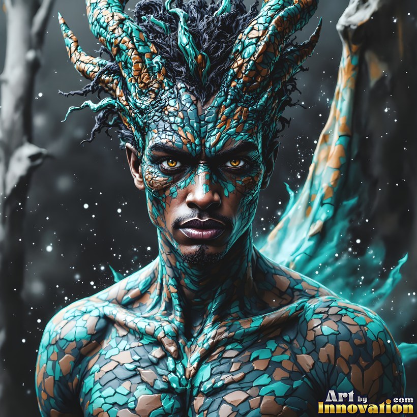 A young man whose skin turns to teal and copper dragon scales, a horned crest rising from his head, snow falling around him