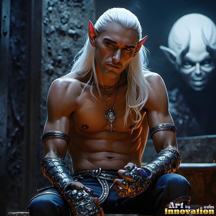 A white-haired elf with pointed ears and silver jewelry, seated in steel gauntlets before a stone wall