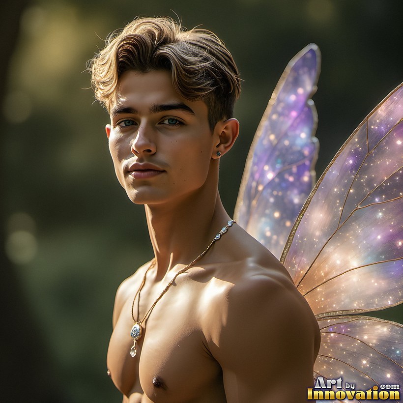 A smiling young man with shimmering iridescent crystal wings and a pendant necklace in a sunlit forest