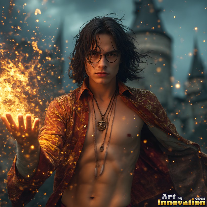 A young wizard with long dark hair and round glasses, sparks of golden fire rising from his open hand before a castle