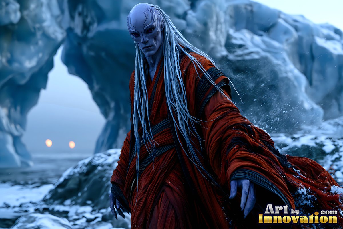 In a snowy ice canyon, a blue-skinned alien man with long white hair wears a red robe