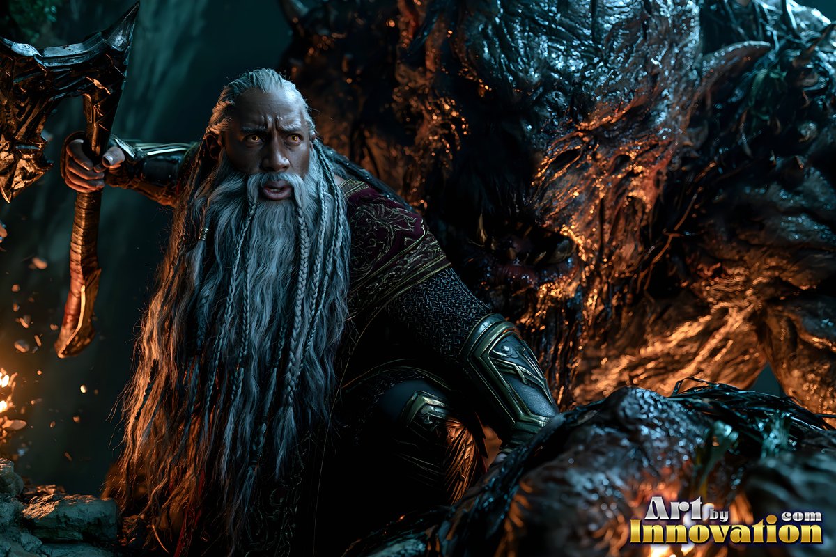 Crouching in a dark cave, a dwarf man with a beard raises an axe against a rock monster