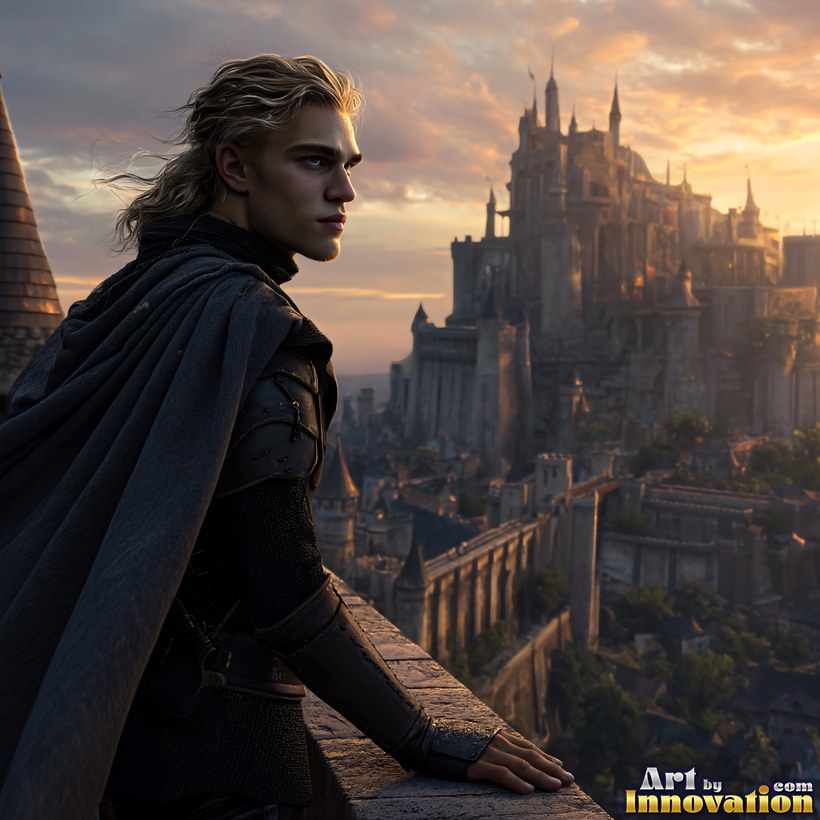 A young man in a dark cloak on the battlements, looking out over the castle of Camelot at sunset