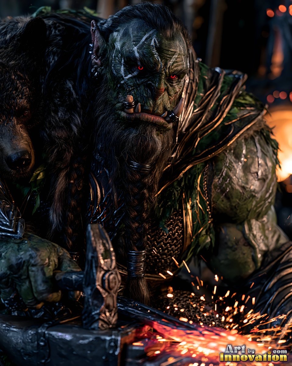 Forging hot metal, a green orc man with tusks hammers at an anvil as sparks fly