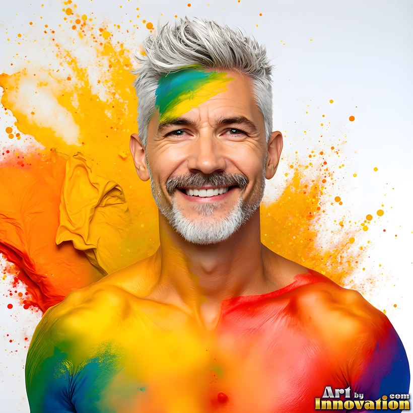 A smiling silver-haired man covered in rainbow paint, the colors of the pride flag bursting behind him