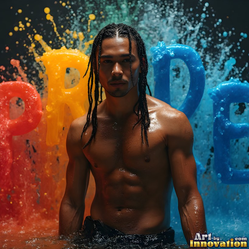 A man with long braids standing in water before giant splashing letters spelling PRIDE in rainbow colors