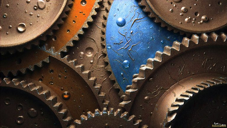 Amazing Graphics Art Collection: Modern Metallic Gears - UHD Desktop Wallpaper and Backgrounds of detailed metallic gears, using vibrant colors, of gold and green.