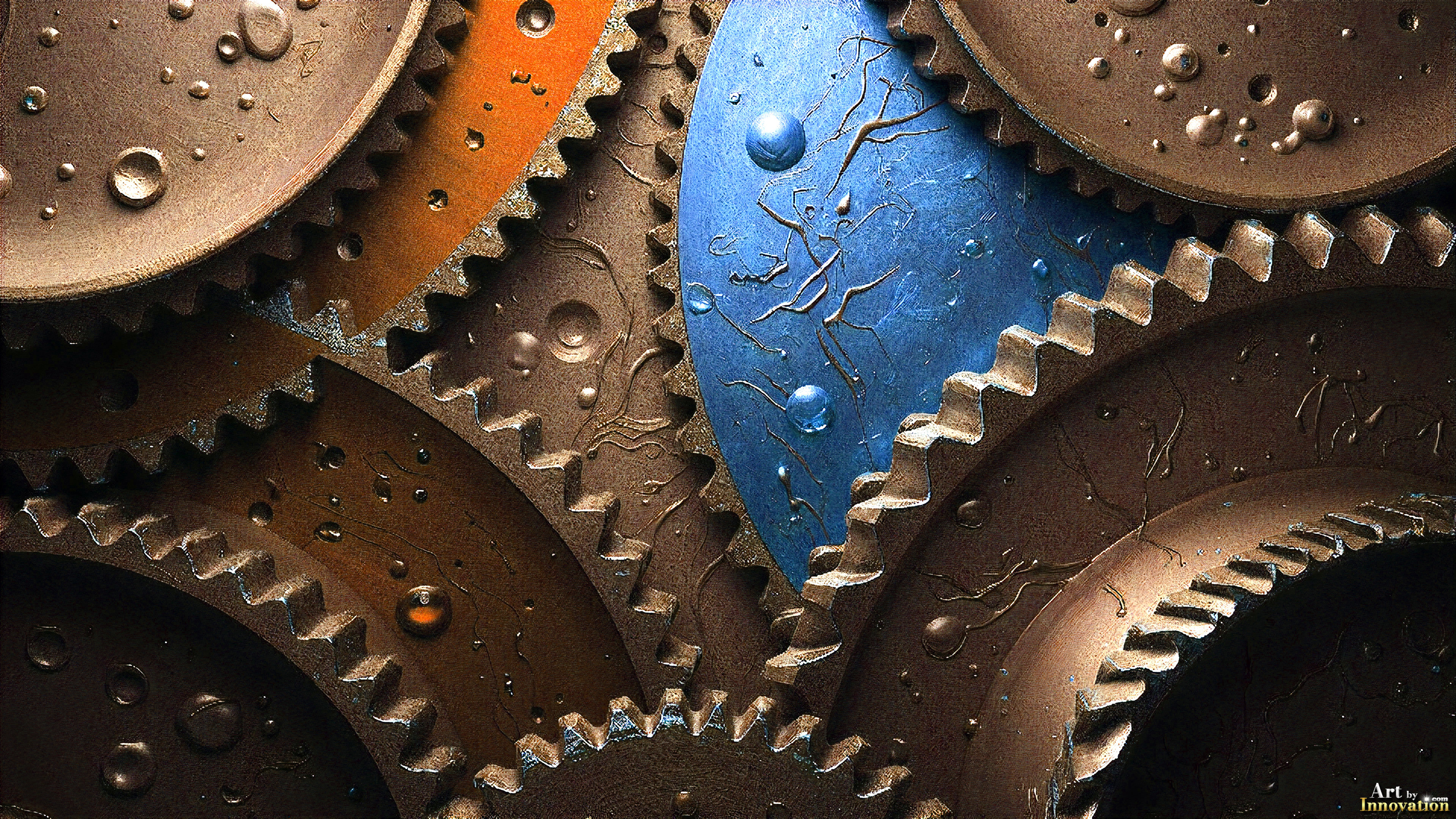 Amazing Graphics Art Collection: Modern Metallic Gears - UHD Desktop Wallpaper and Backgrounds of detailed metallic gears, using vibrant colors, of gold and green.