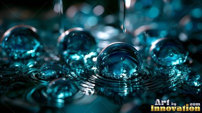 On a dark pool, shiny turquoise water droplets rest in diffused light