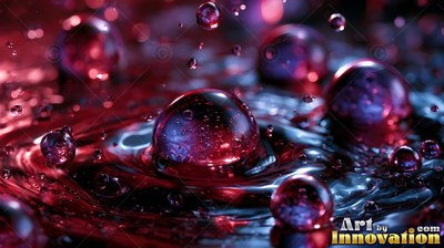 Splashing into dark ripples, shiny red and purple liquid drops scatter on water