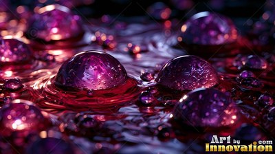 Purple and red liquid bubbles floating on rippling water