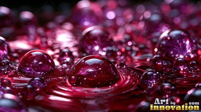 Glossy round bubbles float on a rippling surface of deep magenta liquid under muted light