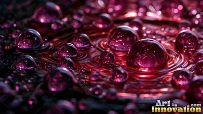 Round magenta water droplets rest on rippling dark fluid under soft bright highlights