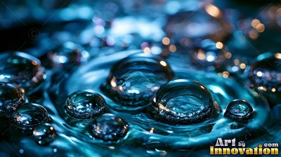 Resting low on dark teal water, round fluid bubbles catch soft light