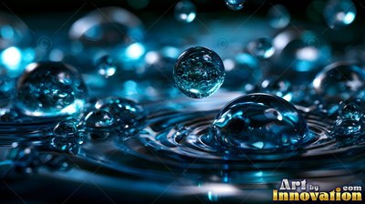 Round water drops float and splash over dark blue ripples in soft light