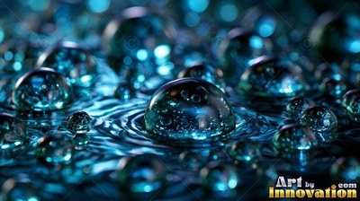 On a rippling blue surface, shiny water droplets reflect gentle light