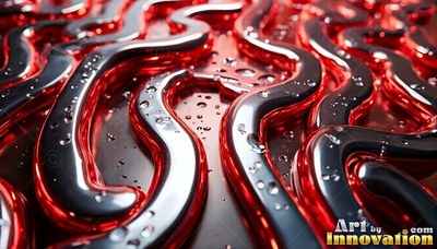 Winding across a wet surface, thick red and chrome liquid forms smooth ridges