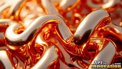 Smooth curved loops of shiny copper liquid pile together under bright studio light