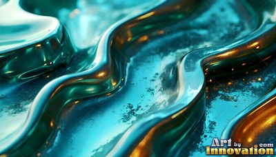 Smooth teal liquid ripples in wavy ridges under warm golden highlights