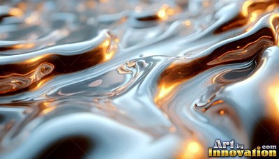 Rippling across a surface, shiny liquid metal reflects warm gold light