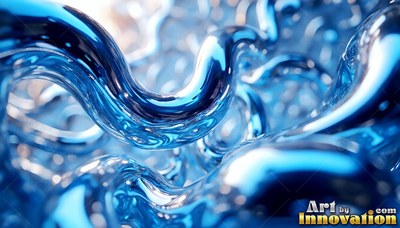 Twisting into smooth waves, glossy deep blue liquid loops across soft white light