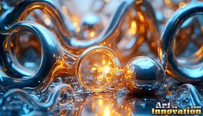 Silver liquid loops and spheres lit with warm yellow light