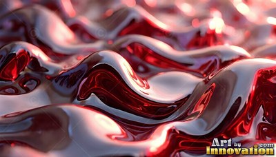 Glossy curved crests on red fluid rise across a blurred field in diffused light