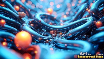 Liquid tubes twist around bright orange spheres in soft lighting