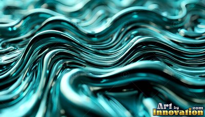 Curving across a dark space, glossy teal liquid forms wavy ridges
