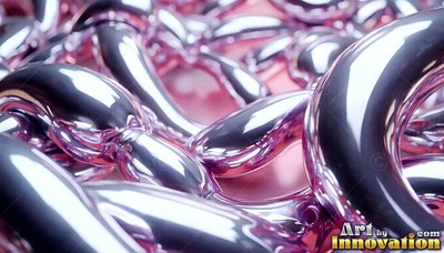 Shiny pink chrome liquid tubes curving and tangling over each other