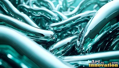 In a shallow pool, thick teal liquid flows in smooth, shiny tubes