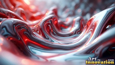 Swirling in smooth ripples, glossy red and chrome liquid folds across diffused light