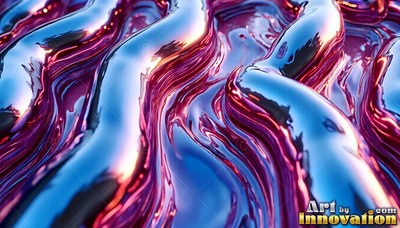 Bright chrome highlights on thick blue and purple liquid roll across a dark surface