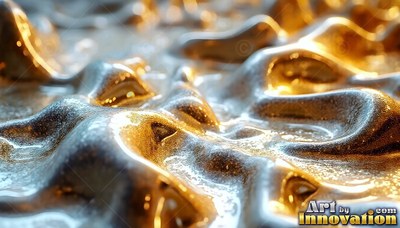 Thick liquid metal rolls into ripples under warm golden light