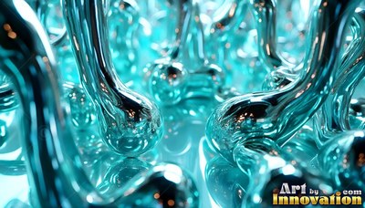 In bright light, smooth aqua liquid drops rise into rounded stalks