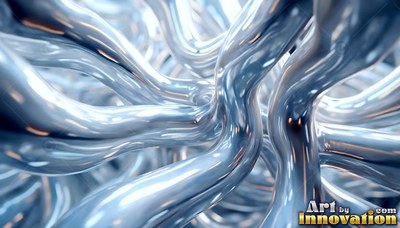 Twisting together, shiny silver tubes of liquid metal curve in bright light