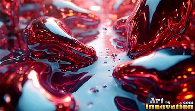 Glossy red liquid drops resting on a shiny surface