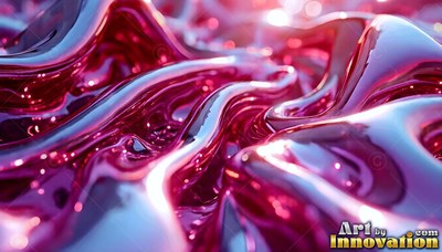 Wavy magenta folds of thick shiny fluid reflect bright highlights across deep ripples