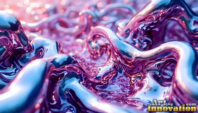 Curling close across the surface, smooth metallic pink and blue fluid ripples