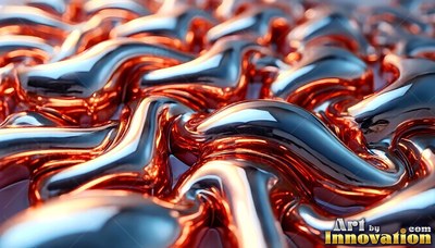 On a flat surface, wavy molten copper fluid weaves into shiny ripples
