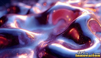 Rippling in dim light, smooth purple liquid forms glossy waves with gold specks