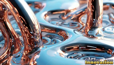 Smooth copper streams pour into dimpled dark blue liquid under soft light