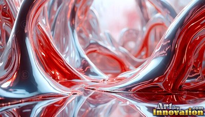Curving upward in a pool, thick silver and red fluid forms smooth waves